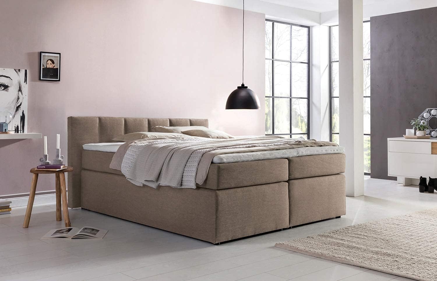 3F FURNITURE FOR FRIENDS Boxspringbett Bea 180x200 cm Beige/Grau Härtegrad H2 | 7-Zonen Taschenfederkern Matratze + Visco Topper | mit niedrigem 90 cm Kopfteil ideal für Dachschrägen