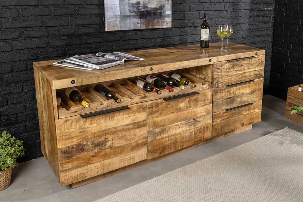 Massives Sideboard IRON CRAFT 175cm natur Mangoholz mit Schubladen Weinregal