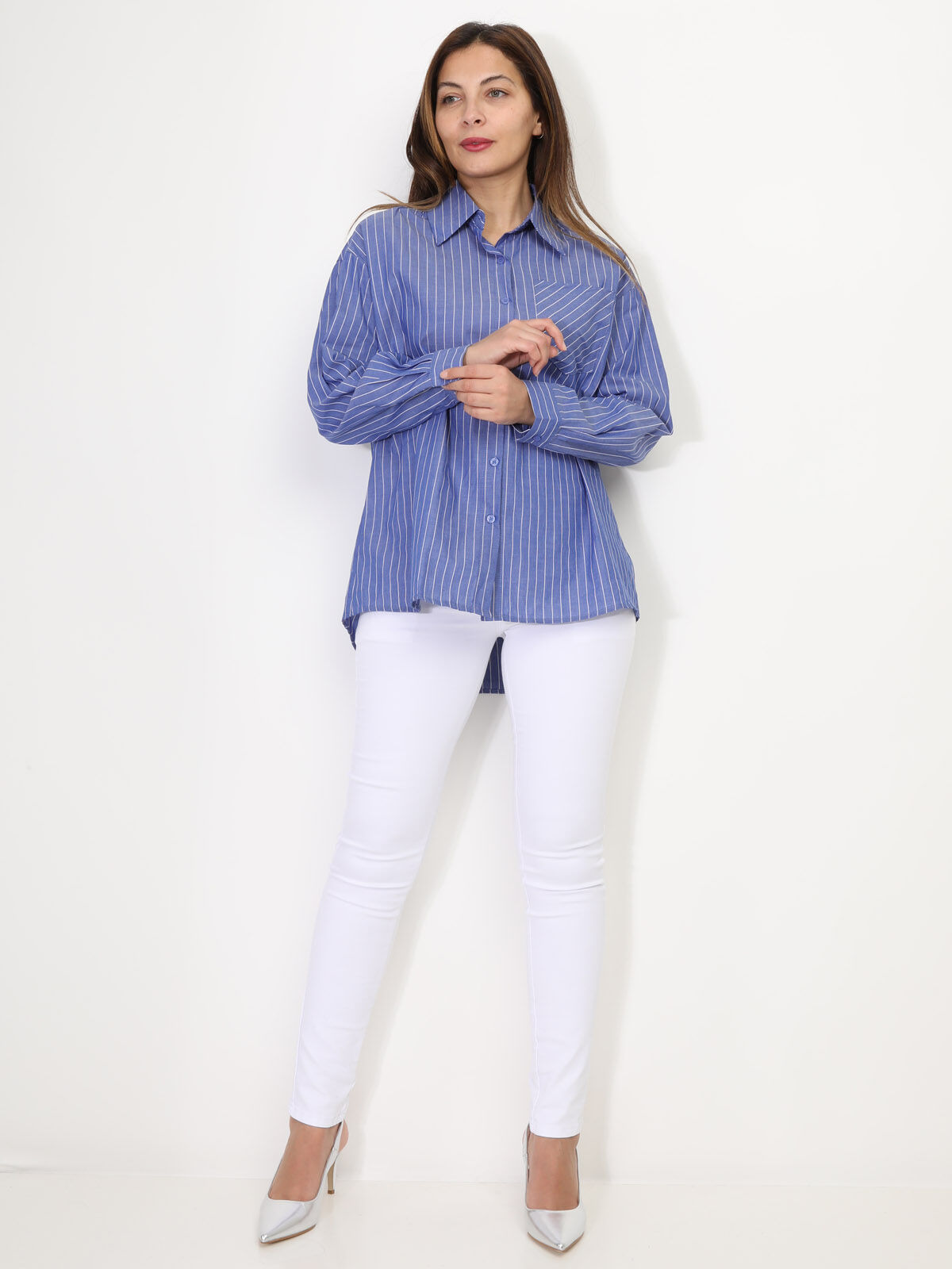 Chemise asymétrique et oversize à rayures- Bleu foncé
