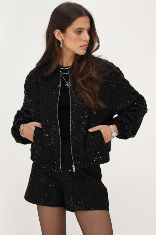 Zwarte bomber jas met pailletten