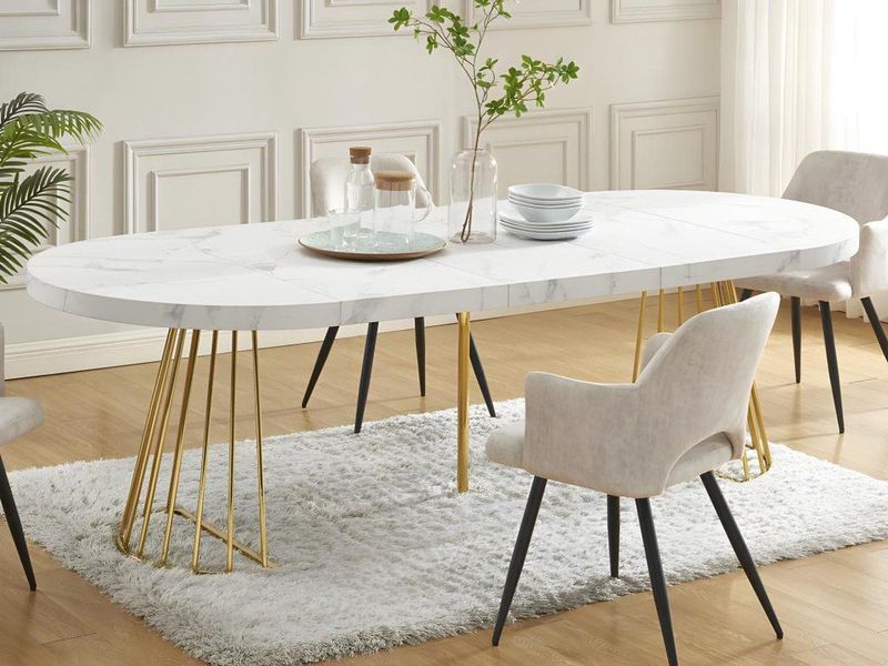 Vente-unique Uitschuifbare Eettafel Wit Marmereffect en Goud - 2 tot 12 Plaatsen