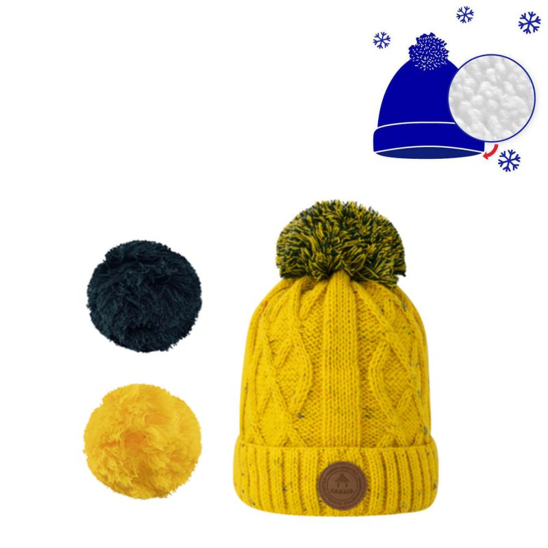 Bonnet enfant 6-12 ans avec 3 pompons interchangeables Jus de pomme Yellow