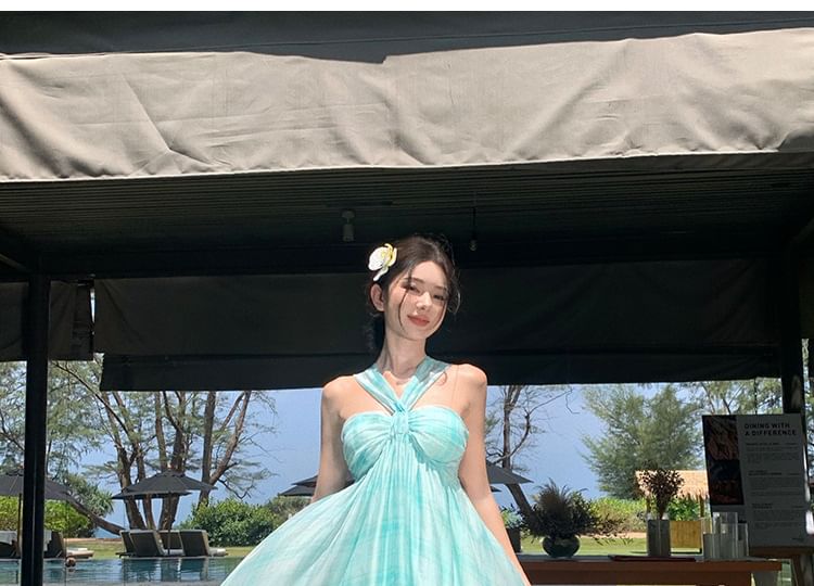 12th Tone - Geruite halternek-ruffle maxi-A-lijnjurk