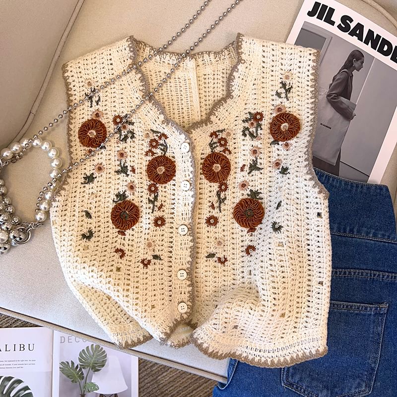 Juuri - Gehaakt vest met V-hals en bloemen