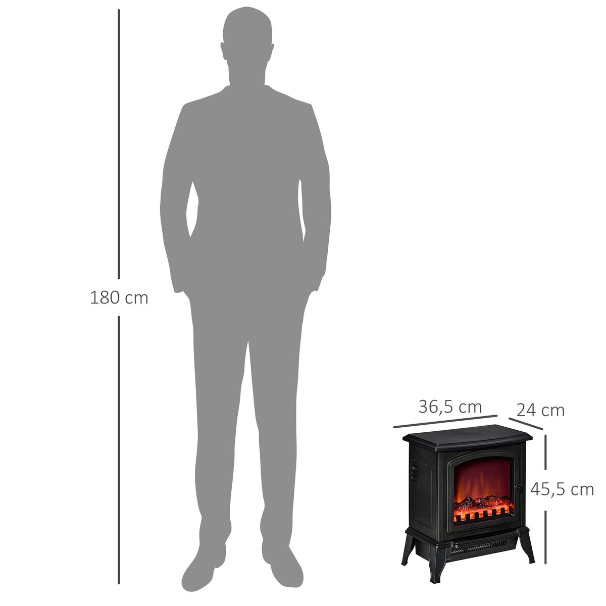 HOMCOM Elektrische haard, vrijstaande haard met LED-vlameffect, 2000W haard met oververhittingsbeveiliging voor woonkamer, slaapkamer, metaal, zwart