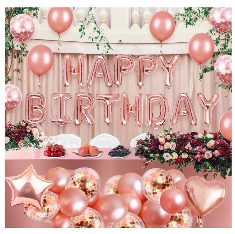 (76-tlg. Set) Happy Birthday Girlande Geburtstags Party Deko   Latex- und Folienballons / Tischtuch - Roségold