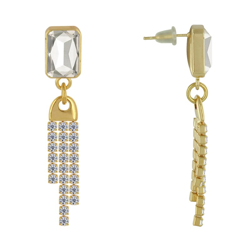 Boucles d'Oreilles Laiton Doré Pendante Rectangle et Trois Liens de Strass