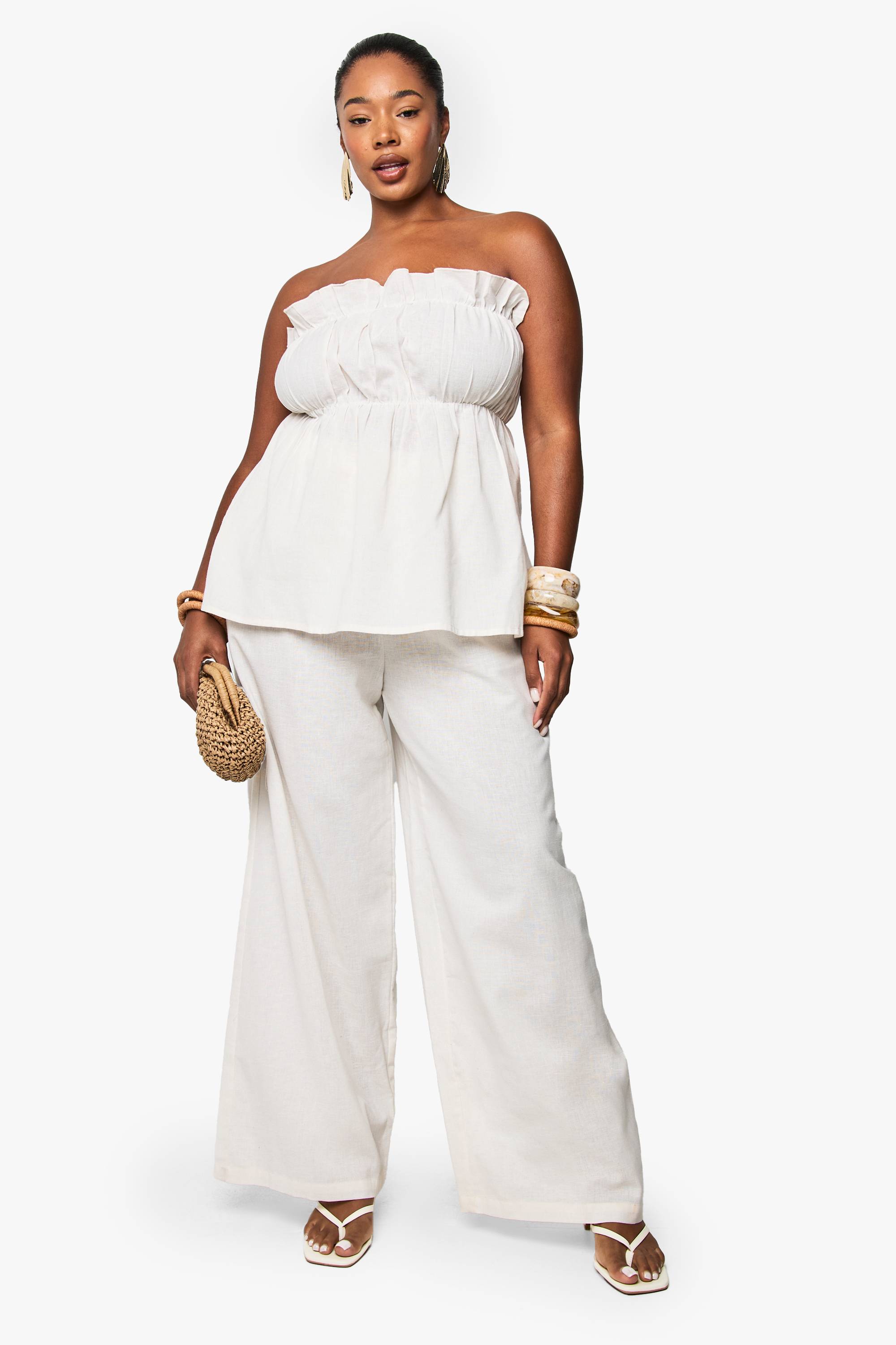 boohoo Coordonné grande taille en effet lin avec bandeau long et pantalon à jambe large