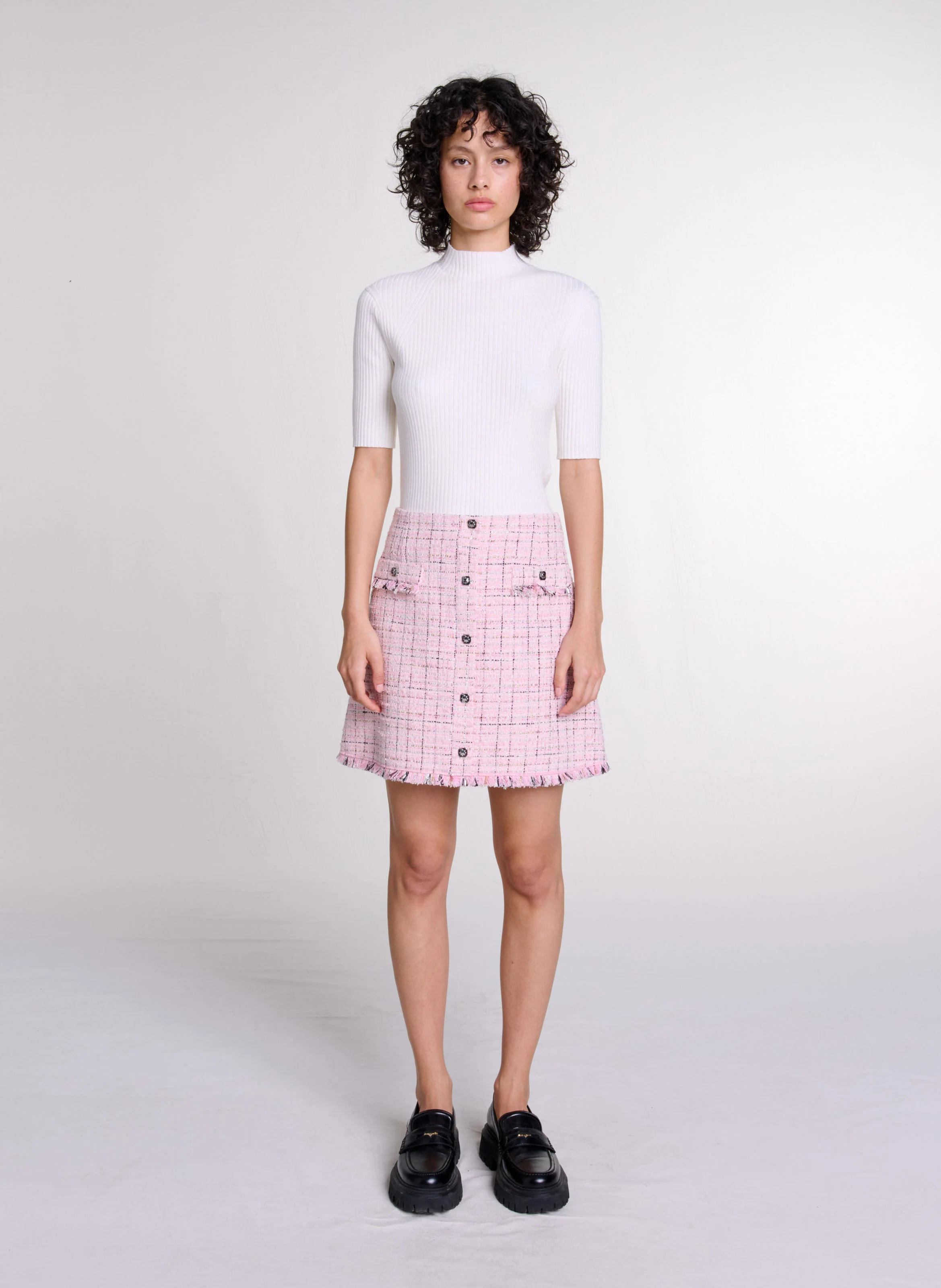Jupe courte droite en tweed | Rose