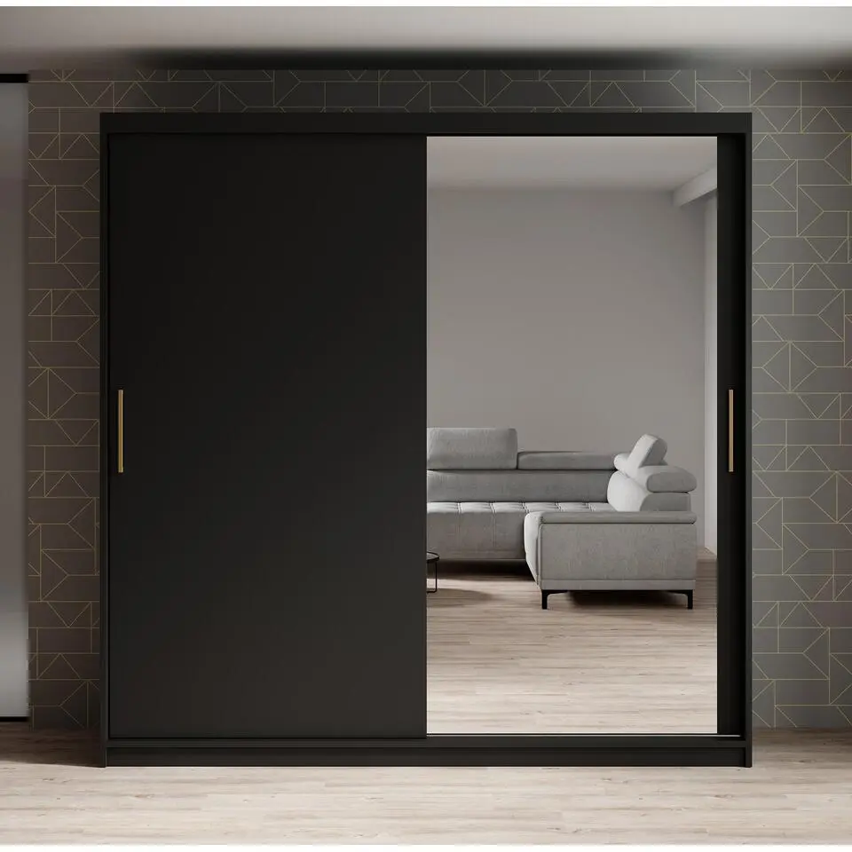 Meubella - Kledingkast Mandalin - Zwart - 200 cm - Met spiegel