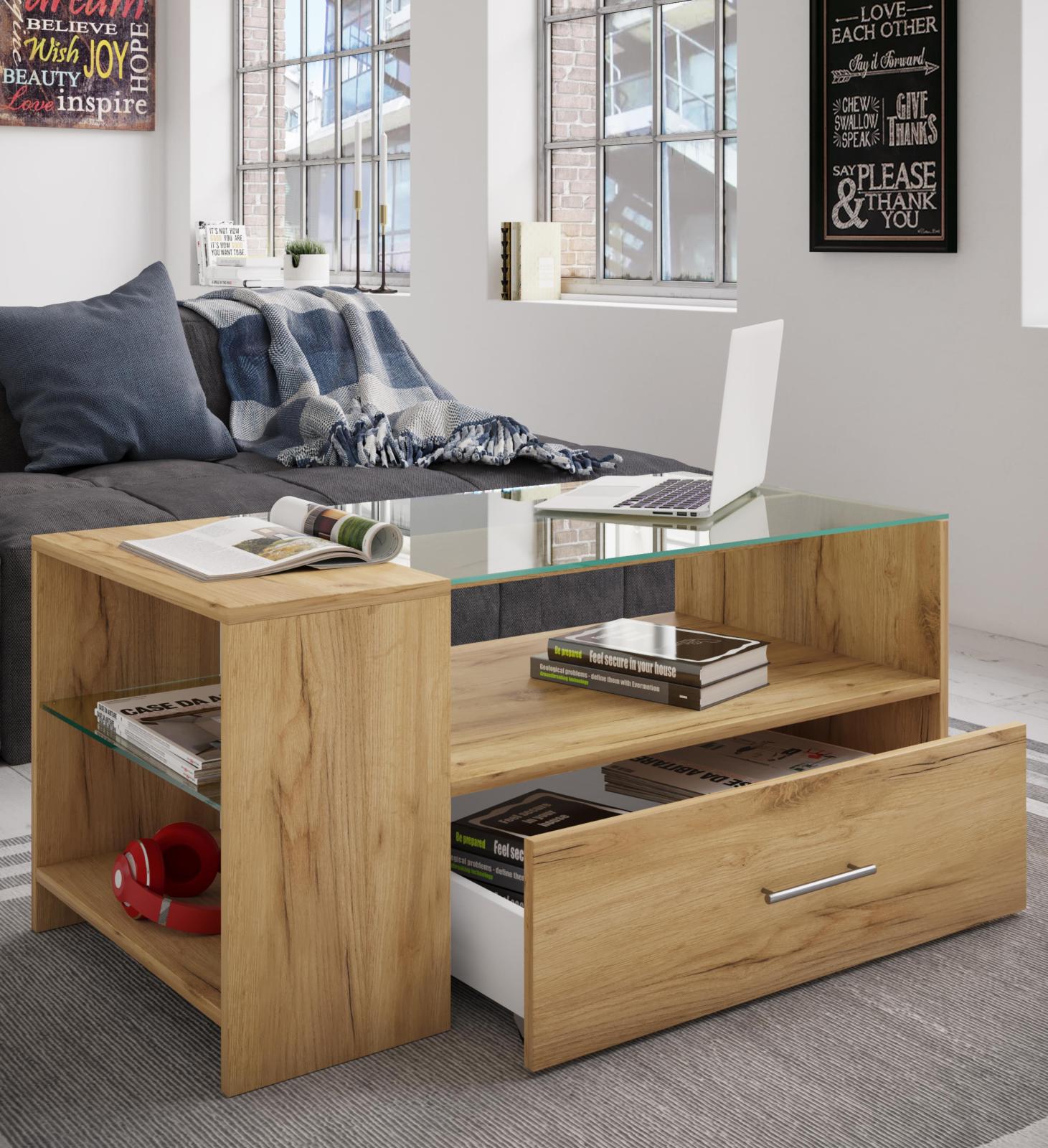 Couchtisch TINDALA - Honig-Eiche - Schubkasten - 100 cm