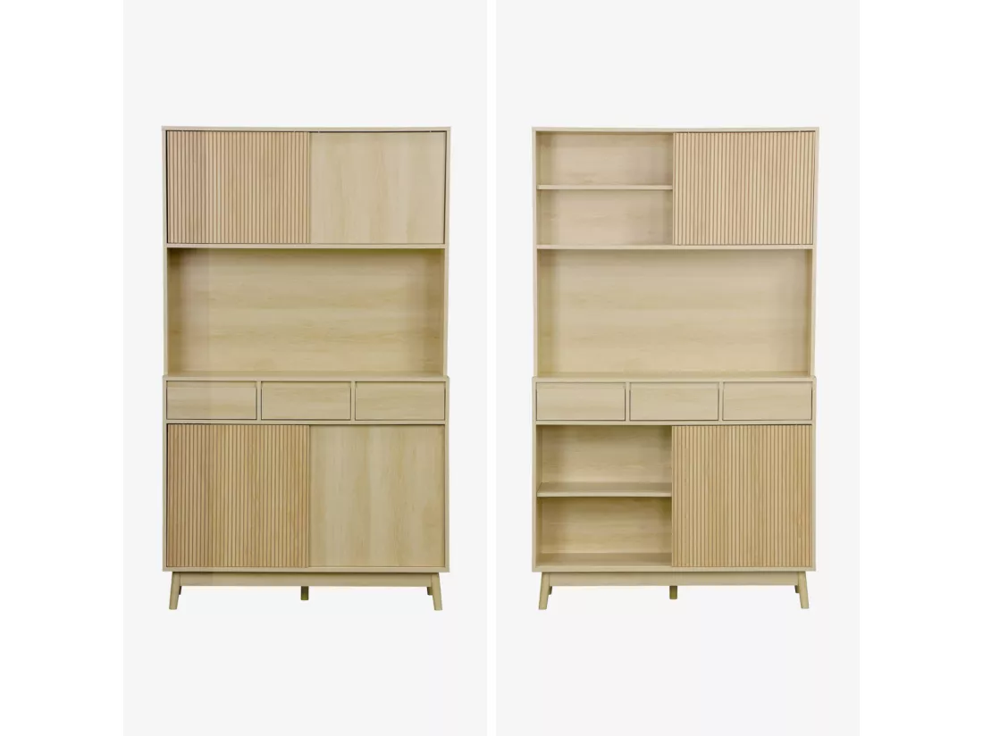 Buffet de cuisine LINEAR décor bois 4 portes 3 tiroirs 110 cm. Naturel. pieds en bois de pain revêtement papier