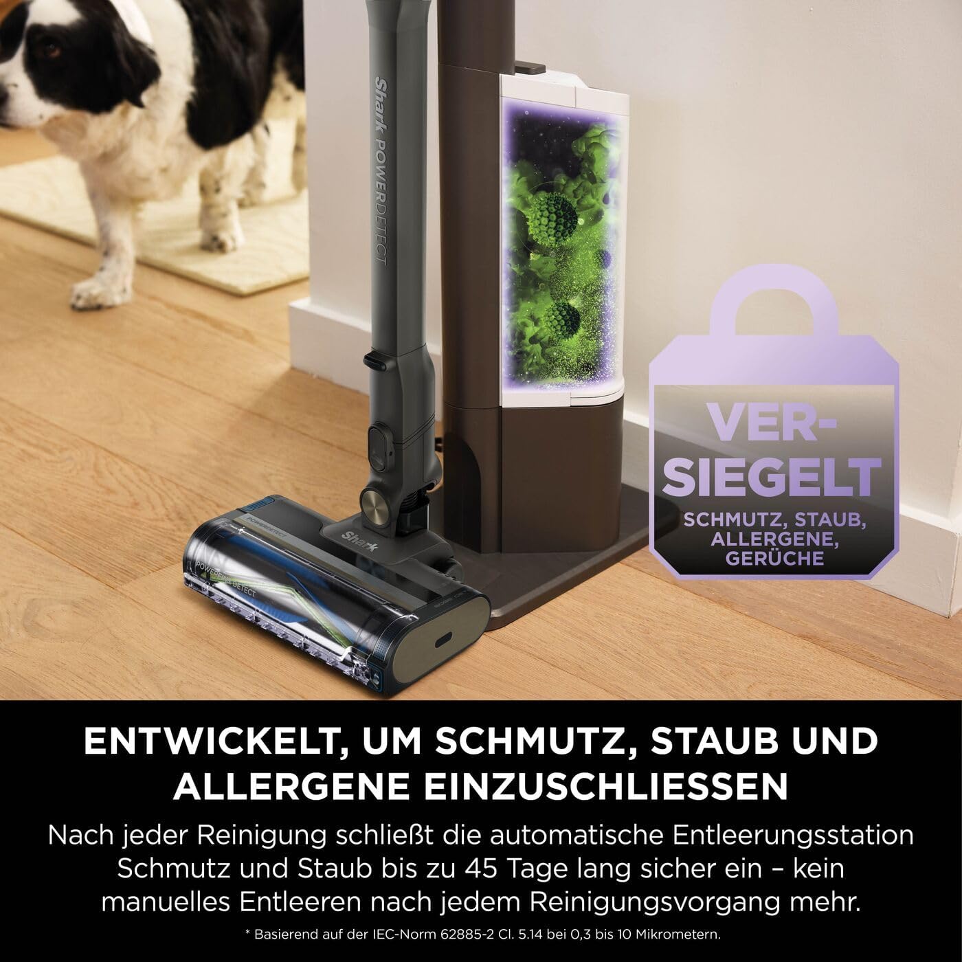 Shark PowerDetect Clean & Empty Akku-Staubsauger mit Absaugstation, bis 70 Min. Laufzeit, kabellos, selbstentleerend, für Tierhaare, Allergiker, Teppich und Hartböden, mit LED-Licht, IP3225EUT
