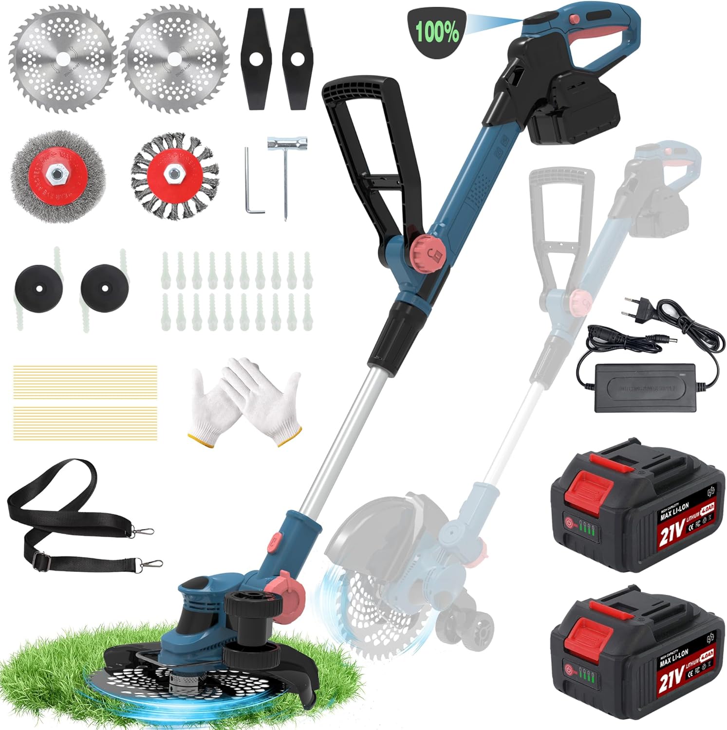 Rasentrimmer mit Akku 21V,Akku Rasentrimmer für Makita Akku,freischneider mit unkrautbürste,2-in-1 Freischneider akku,6 Klingentypen,Inkl 2X4.0Ah Akku & Ladegerät,750W Bürstenloser Motor-Light Blue