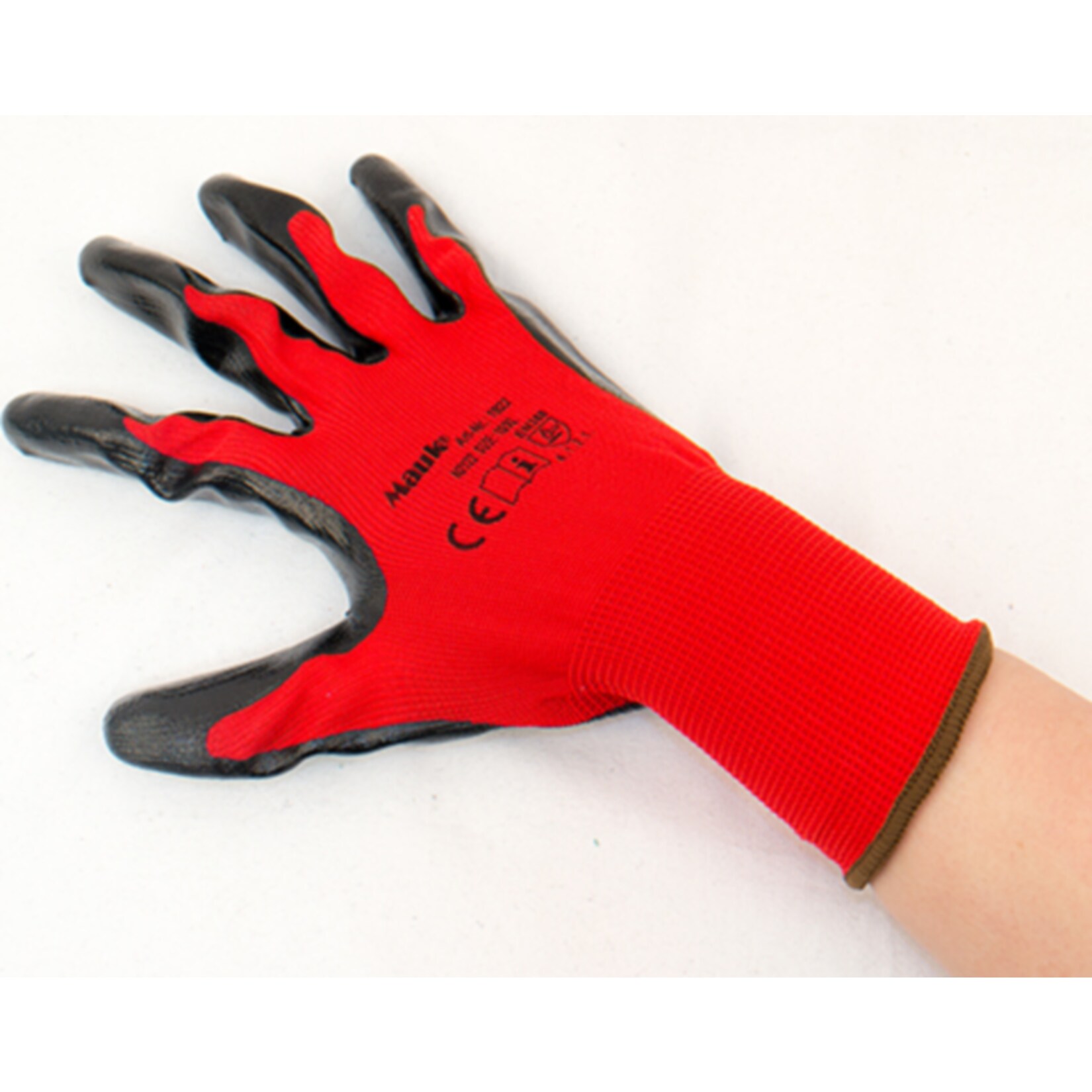 MAUK (12 Paar) Handschuhe Polyester Rot 13g, schwarz Nitril beschichtet 45g Größe 9