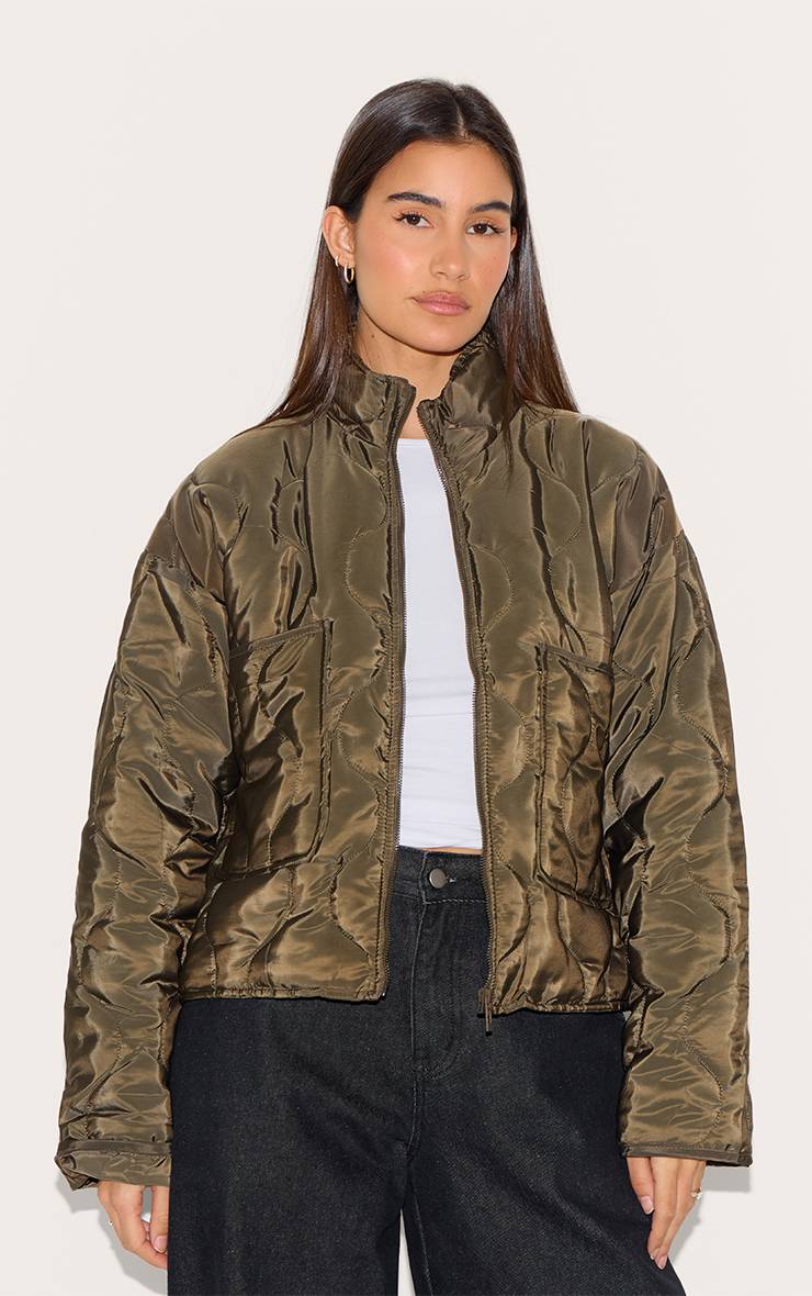 Vert Olive Veste Matelassée À Col Montant Motif Vagues