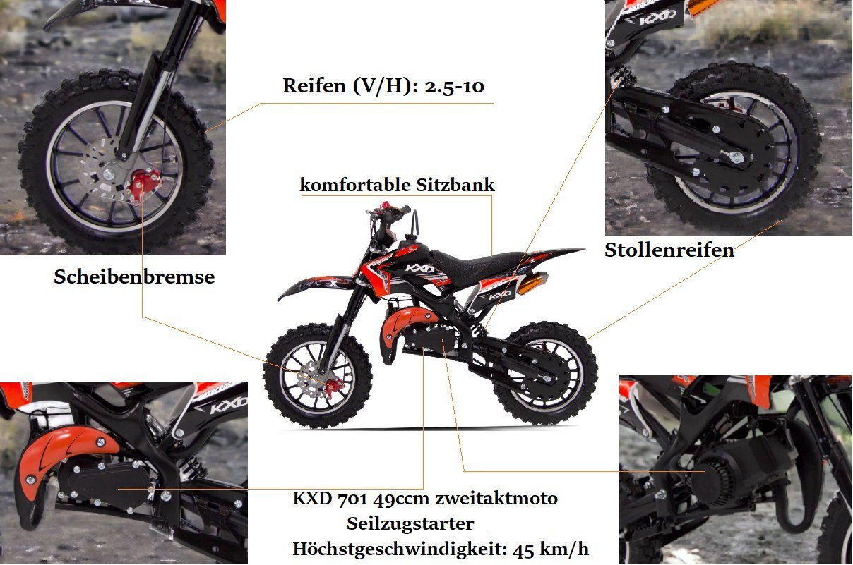 Moto de Trilha KXD 701 49cc 2T Infantil, Moto de Trilha, Crossbike, Moto de Trilha de Bolso, 1 marcha