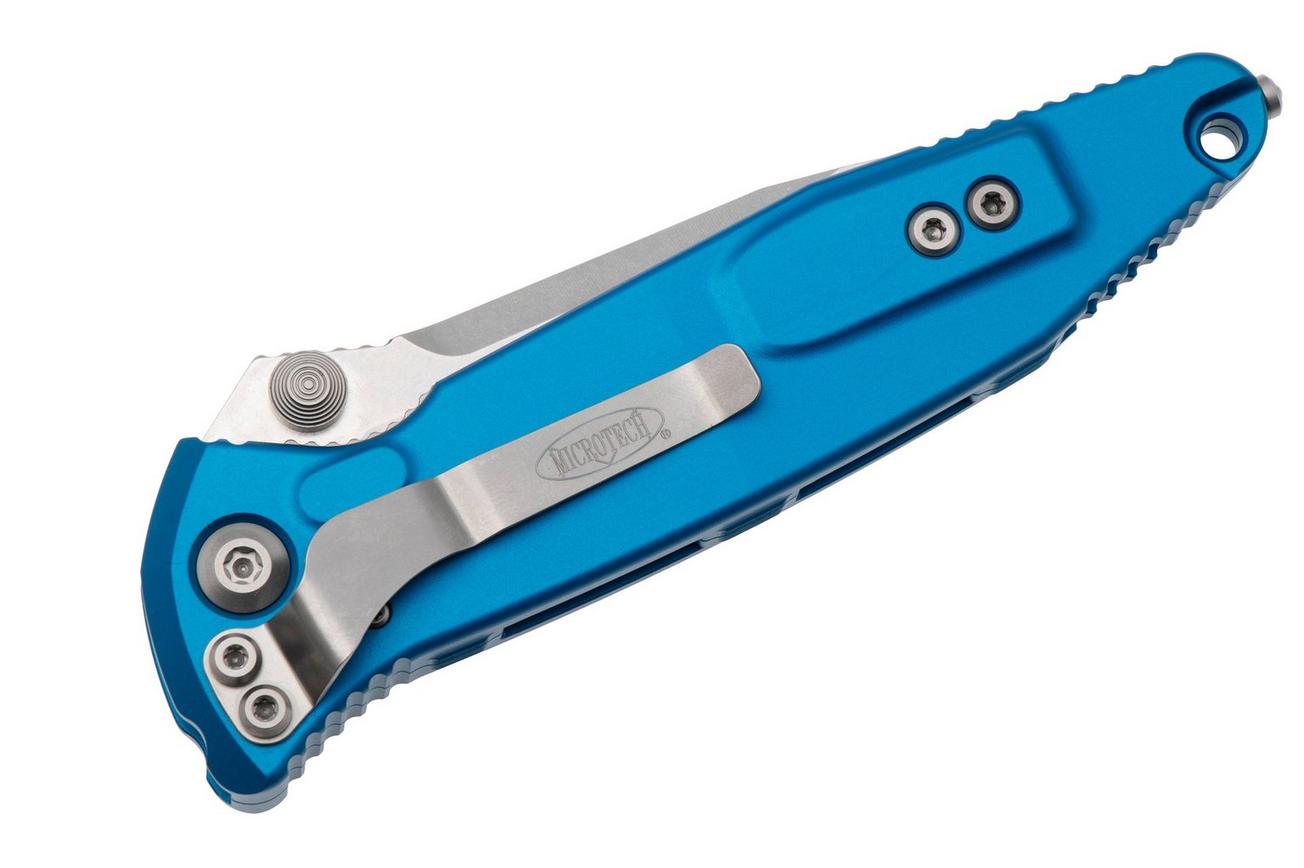 Microtech Socom Elite 160-11BL, Stonewashed M390 Clippoint, Blue Aluminum, partly serrated zakmes