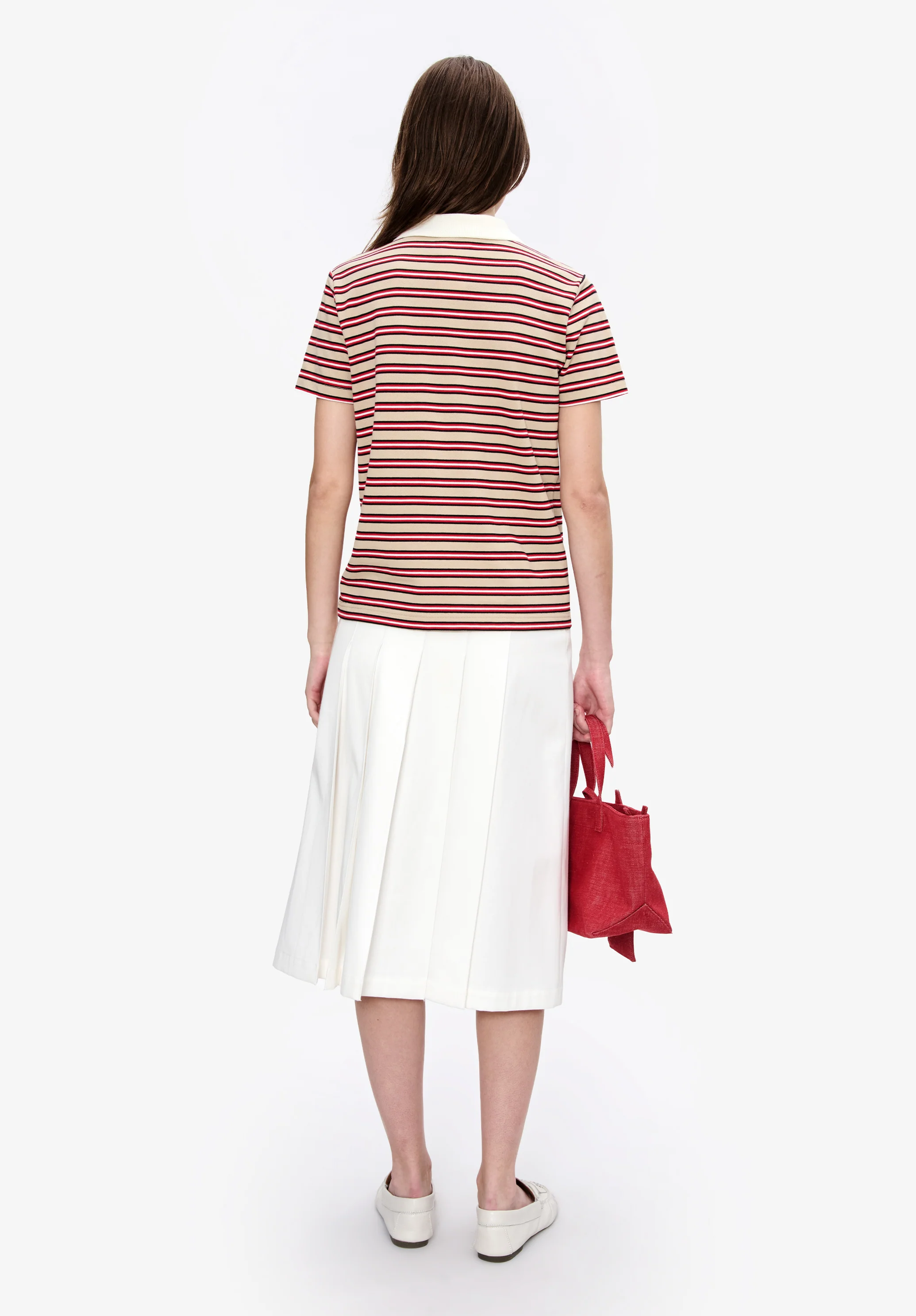 Polo rayé beige en coton piqué - Beige fonce