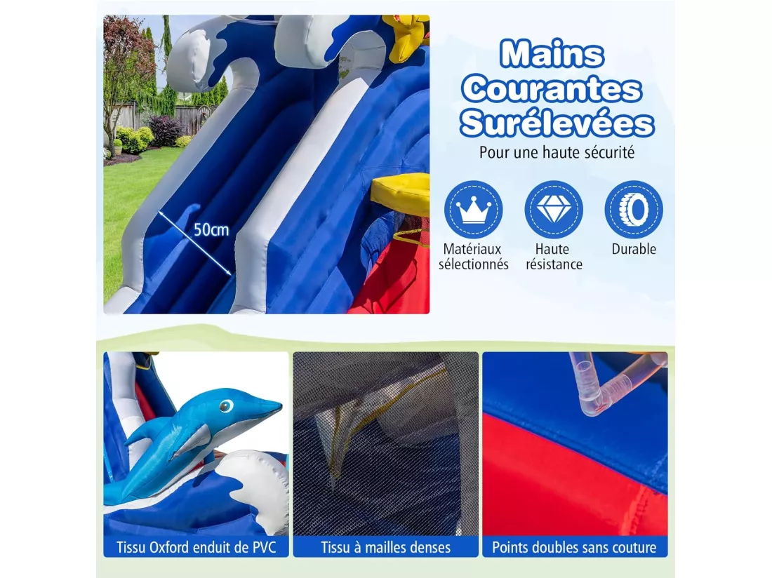 6 en 1 Château Gonflable en Forme Dauphin avec Toboggan & Mur d’Escalade, Aire de Jeux Gonflable avec Piscine & Canon à Eau, Charge 90kg pour 2 Enfants de 3-10 Ans, 413x300x235CM