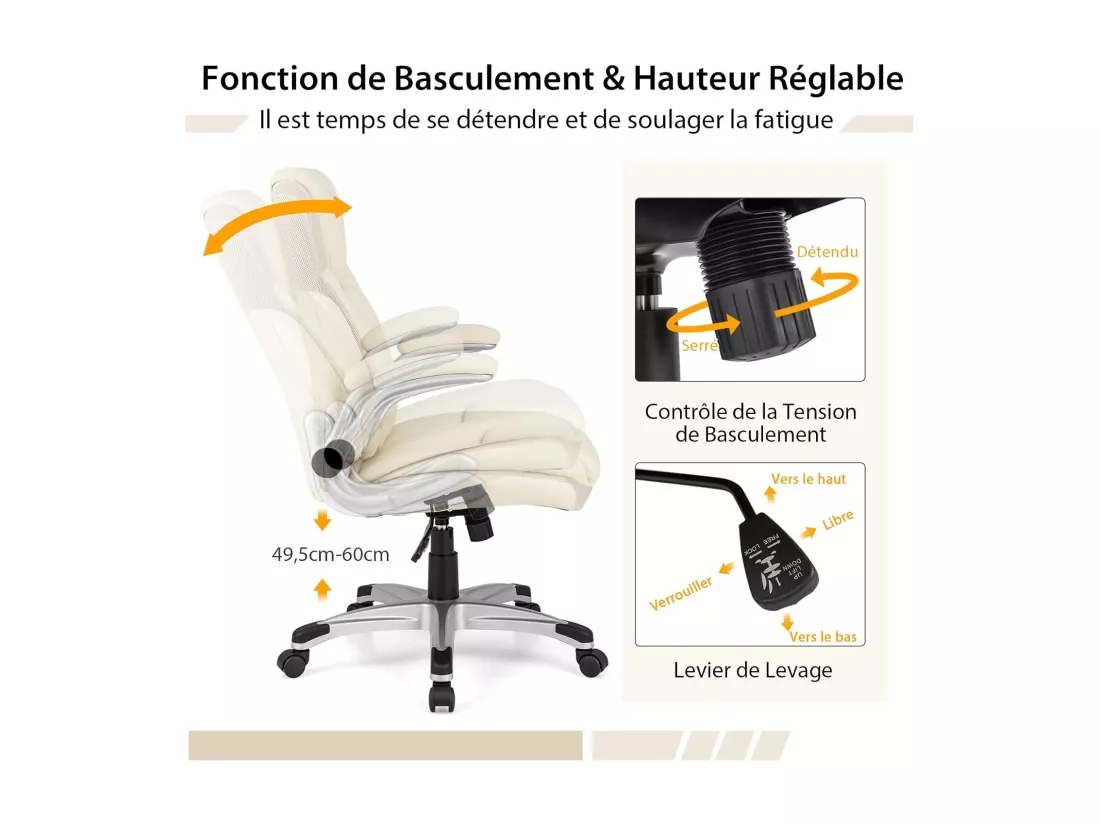 Fauteuil de Bureau Ergonomique, Chaise de Bureau en Cuir PU, à Bascule, Hauteur Réglable, Fauteuil de Gamer, Chaise de Travail Pivotant, Charge Maximale 160 kg, Blanc