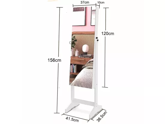 Armoire à bijoux avec grand miroir et verrouillable, 2 tiroirs, en bois naturel blanc et velours, 41,5x36,5x156cm