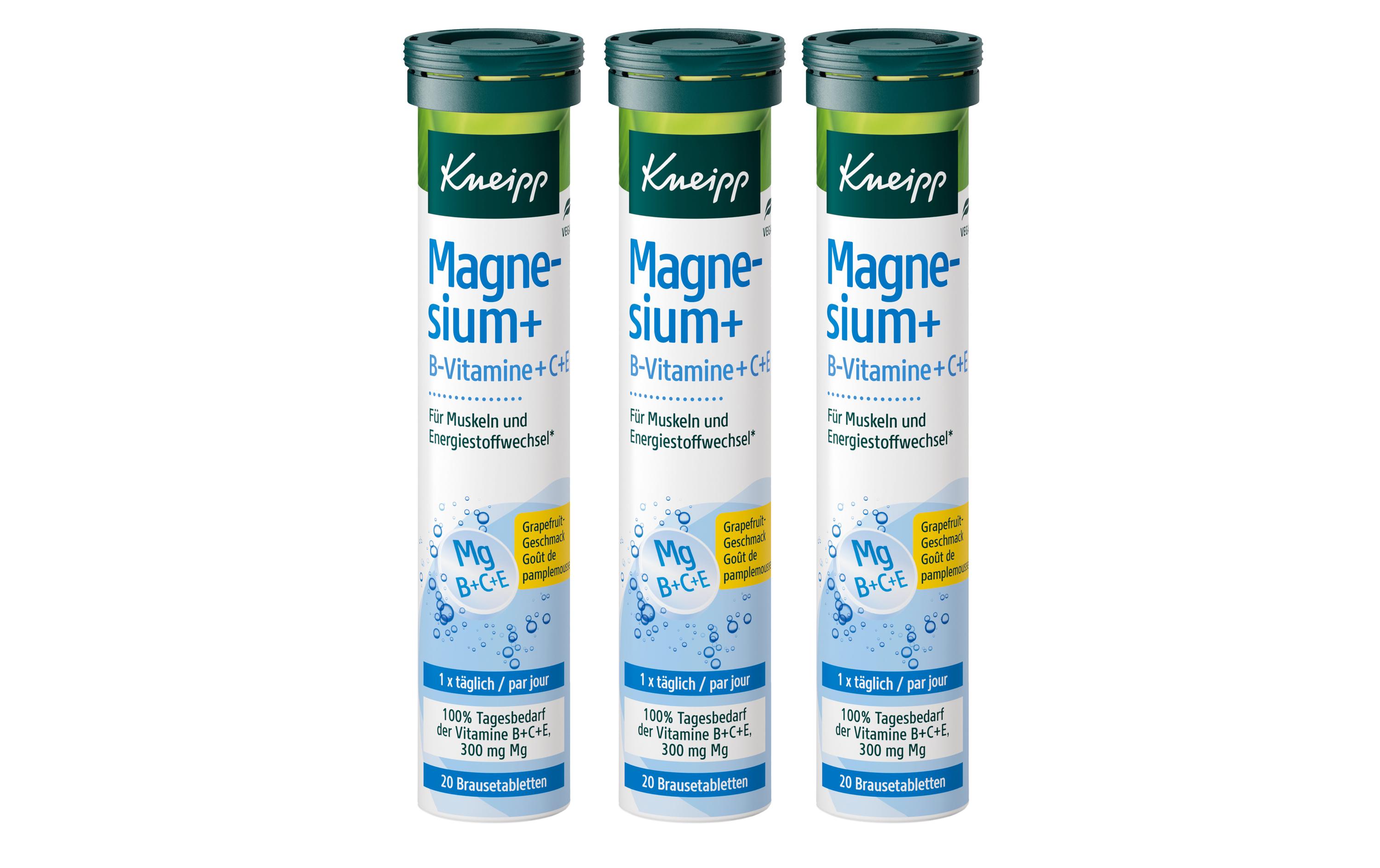 Magnesium + B-Vitamine + C + E 3 x 20 BrausetablettenVegane Nahrungsergänzung mit Magnesium und Vitaminen B, C und E