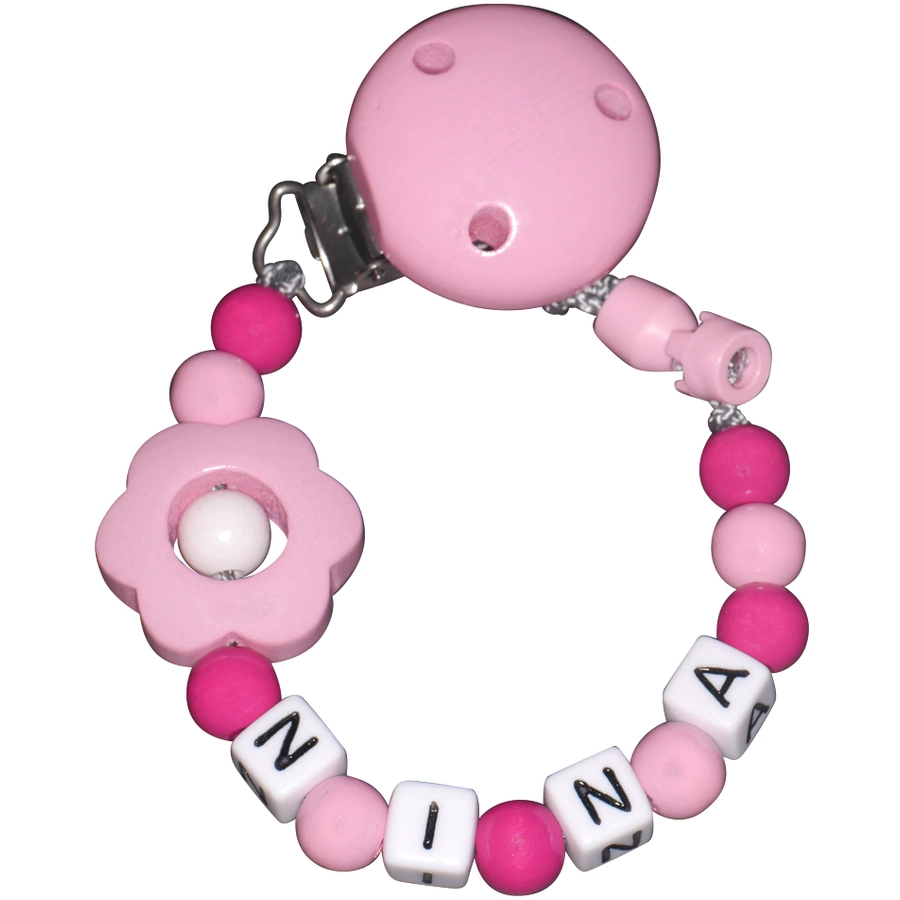 Schnullireich Schnullerkette mit Namen Blume (Kunststoff-Buchstaben) Rosa