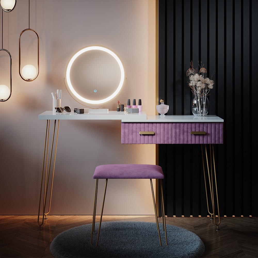 Vicco Schminktisch Frisiertisch Schminkkommode Zoey Weiß Rosa LED-Spiegel Design-Hocker 120x76 cm modern Schlafzimmer Kommode Schublade Ablage Aufbewahrung Touch-Switch Kosmetiktisch Make-Up-Tisch