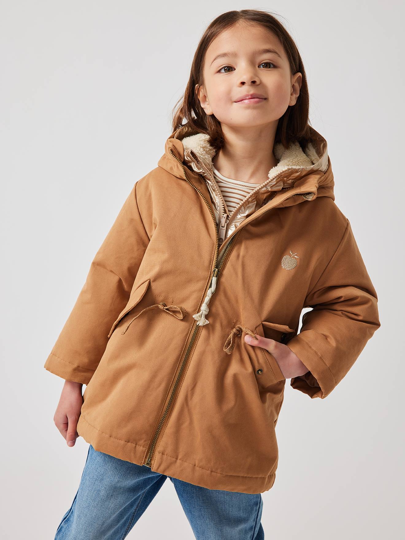 Parka verde com capuz para meninas, jaqueta acolchoada brilhante e forro de sherpa 3 em 1