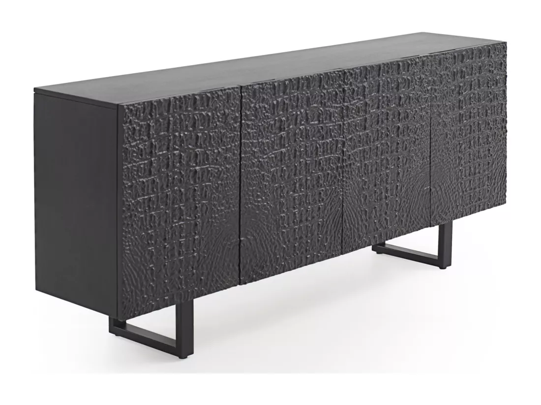 Buffet 4 portes en bois de manguier imitation cuir de crocodile noir