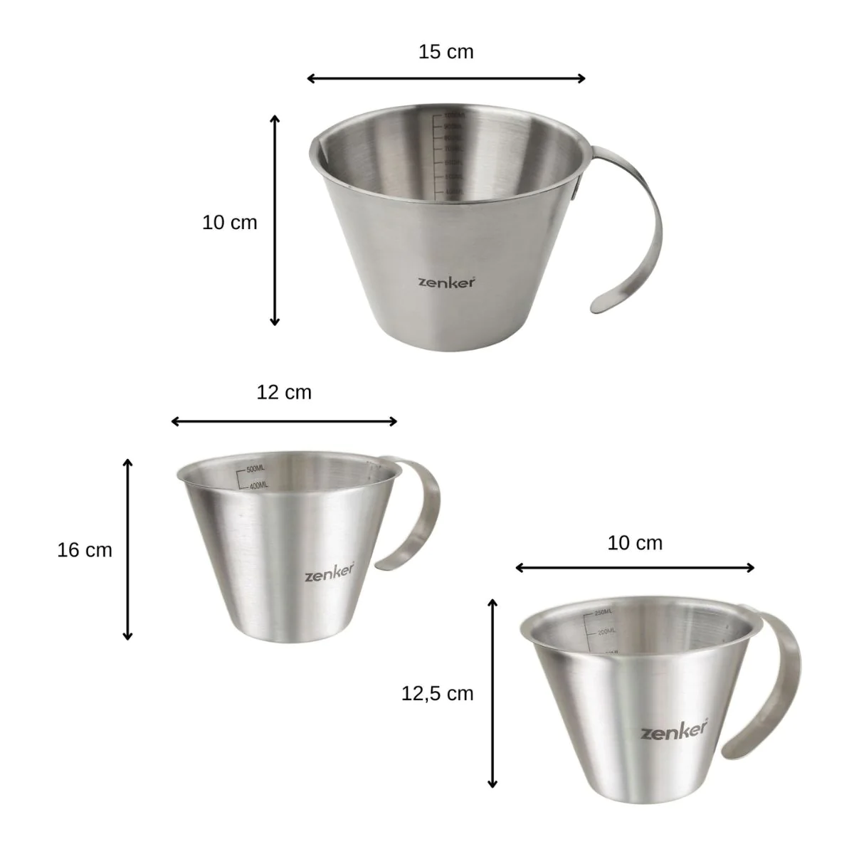 Set de 3 verres doseurs gradués en inox 250 ml, 500 ml et 1 litre Zenk