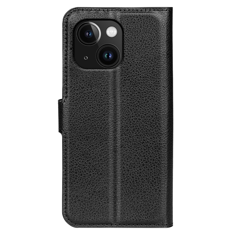 iPhone 15 Leder Tasche Flip Cover Litchi Look - Schwarz
