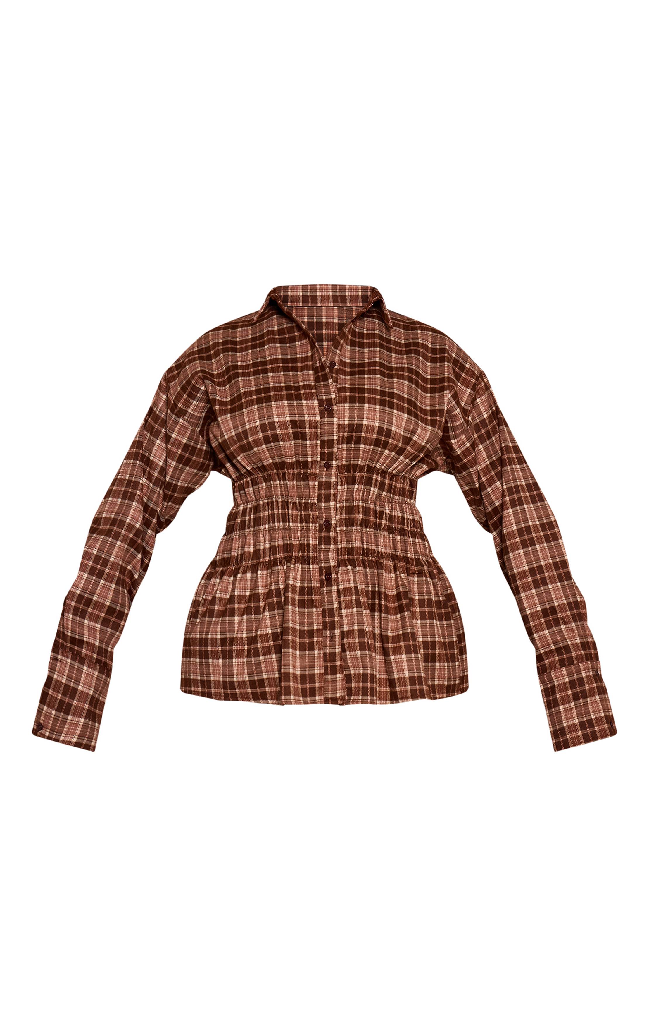 Marron Chemise Grande Taille À Carreaux Avec Taille Froncée