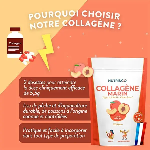 Nutri&Co Colágeno Marinho Tipo 1, 2 e 3 para Pele e Articulações Sabor Pêssego 180g