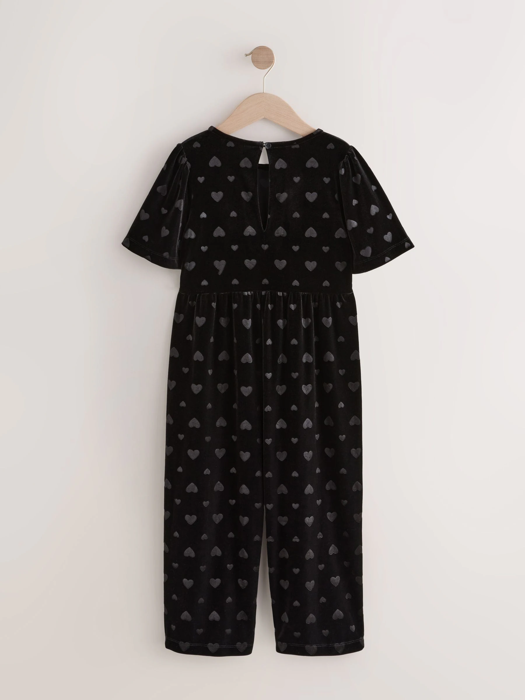 Zwart - Heart Embossed Velour Jumpsuit (3-16yrs)