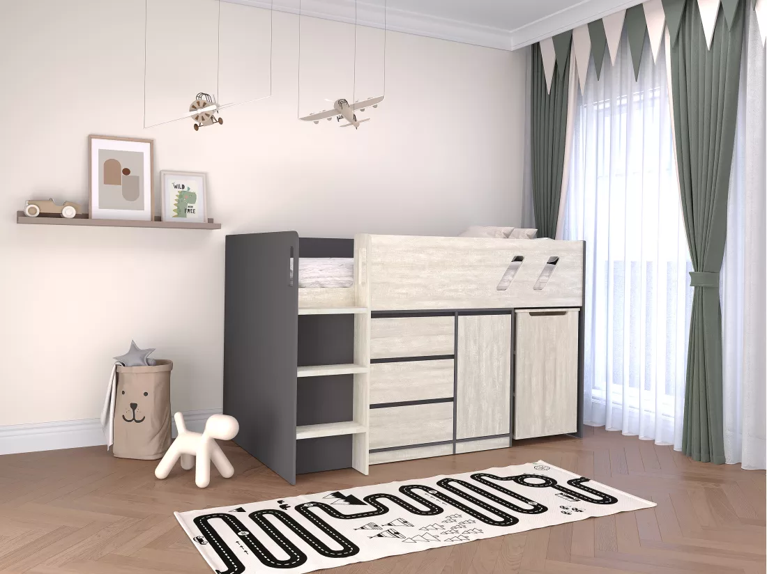 Lit combiné 90 x 190 cm avec bureau et rangements - Coloris : Anthracite et naturel grisé + Matelas - SAGITI