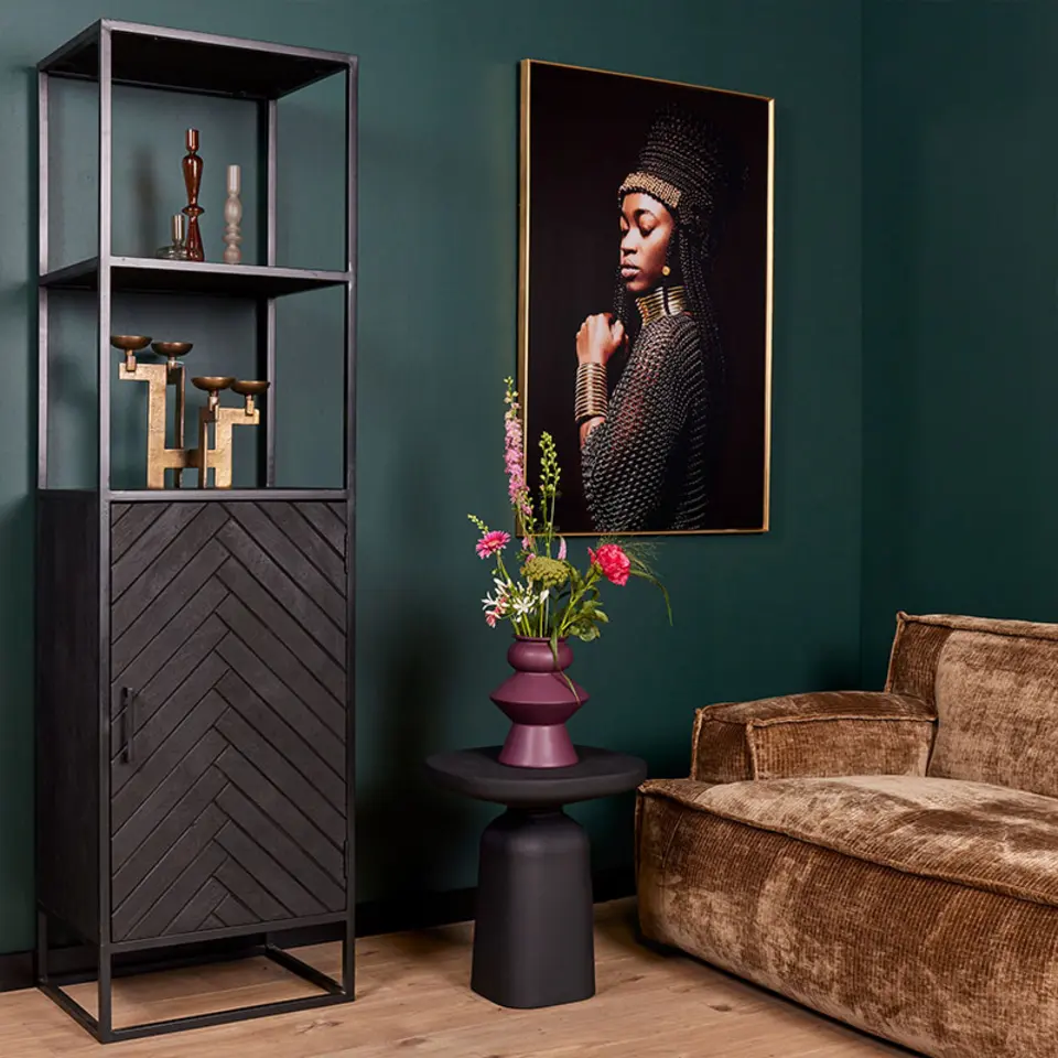 Furndea Scandi boekenkast industrieel visgraat zwart 1- deur - 45x55x200 cm