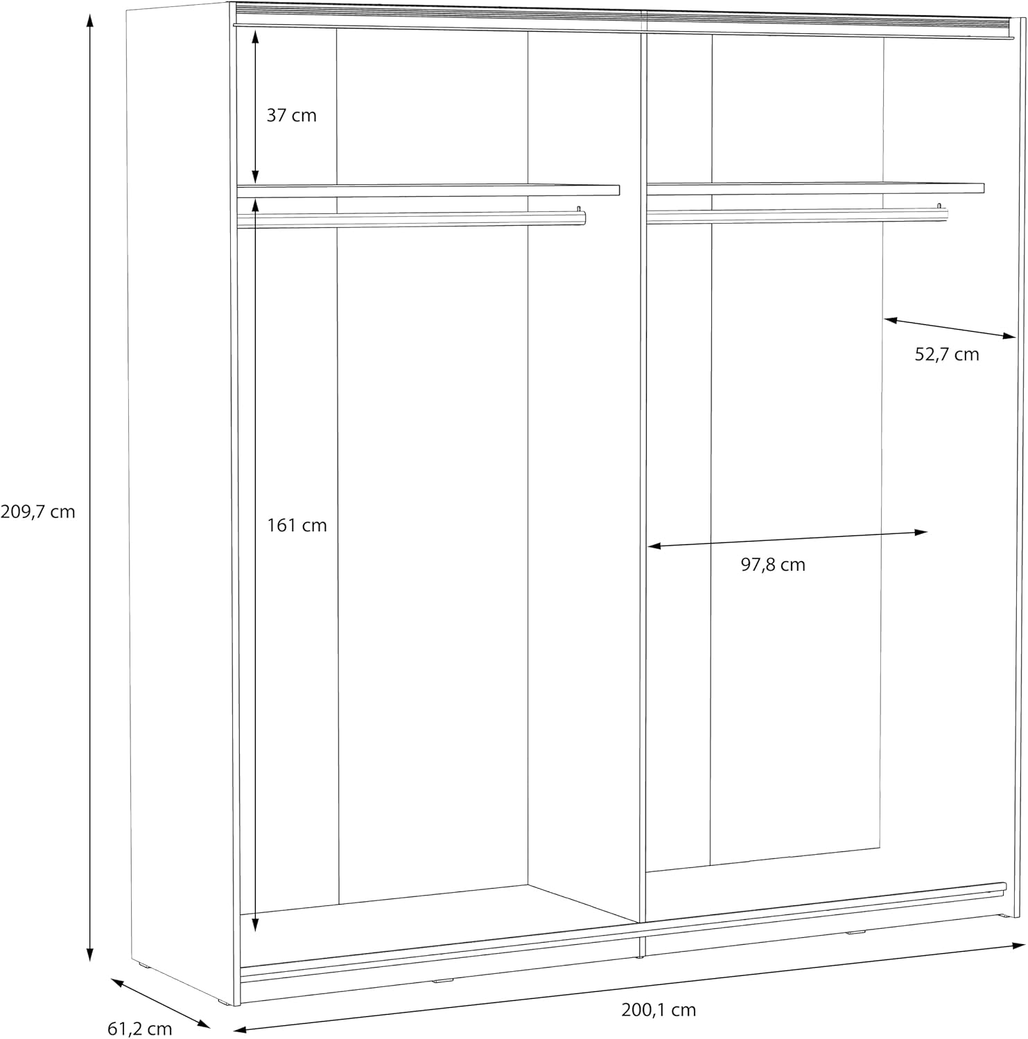 Forte Dreamer Kleiderschrank 200,Schrank mit Schwebetüren, 2-türig, Holzwerkstoff, Schlammeiche/Schwarzeiche Dekor, 200,1 cm breit, 209,7 cm hoch, 51,2 cm tief
