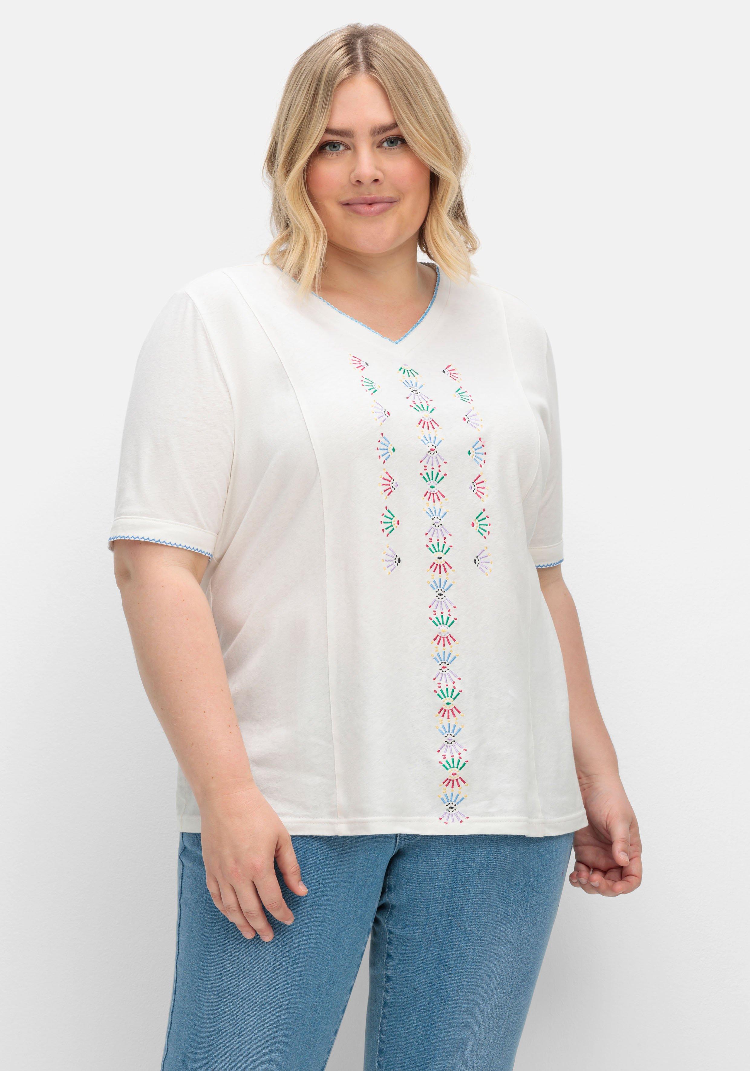 Shirt mit Stickerei, Leinen-Baumwoll-Mix
