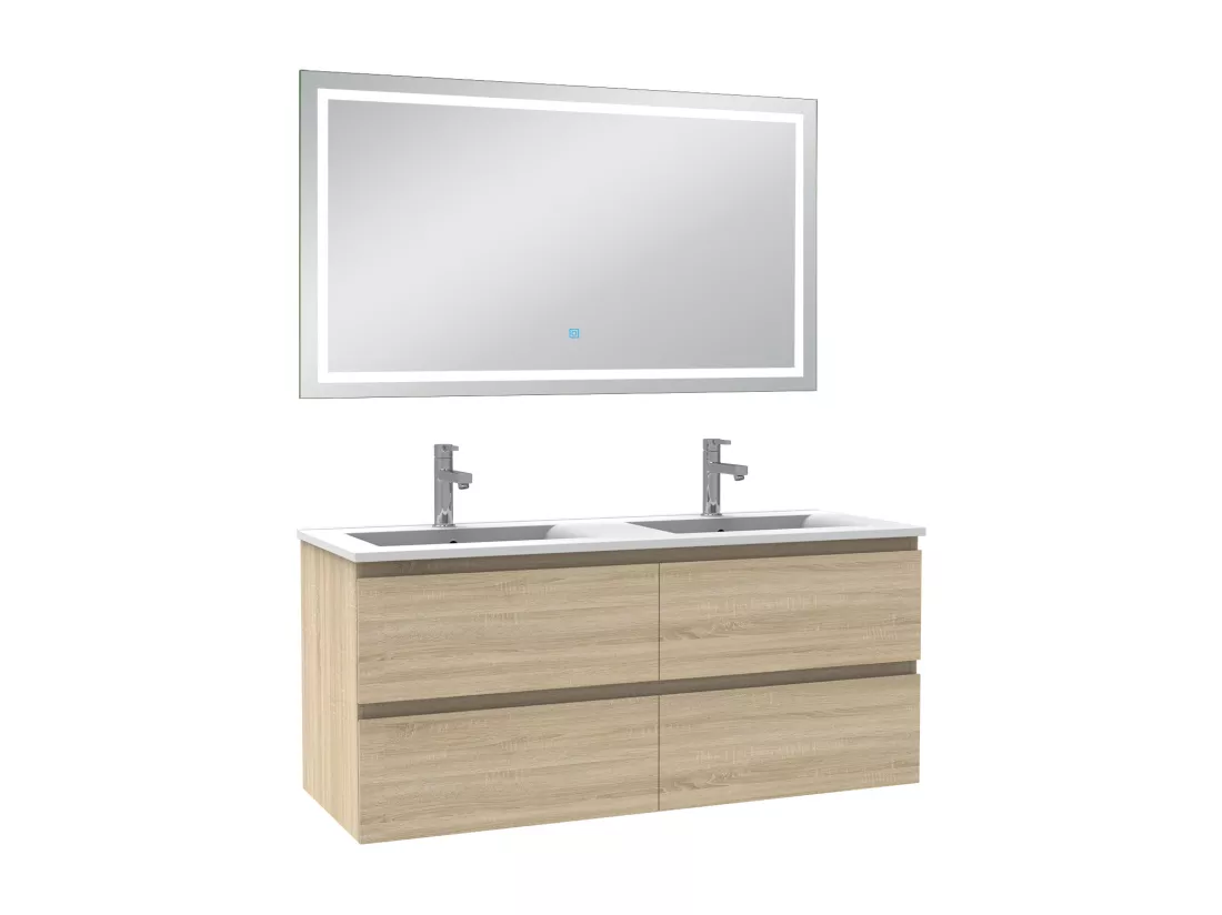 Ensemble meuble Salle de Bain 120cm Chêne Wotan double vasque et miroir lumineux 3 couleurs et dimmable