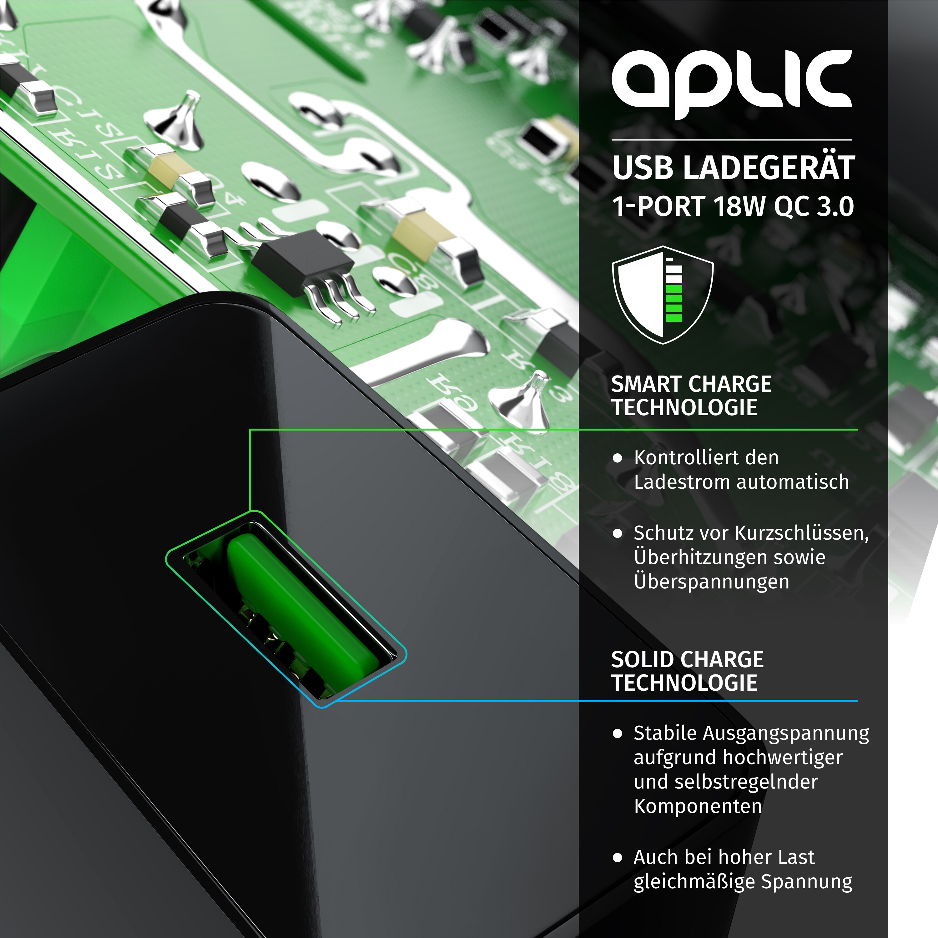 Aplic USB-Ladegerät 3000 mA, Quick Charge 3.0 USB-Ladegerät 1x USB A QC 3.0 Port / max. 3A über QC