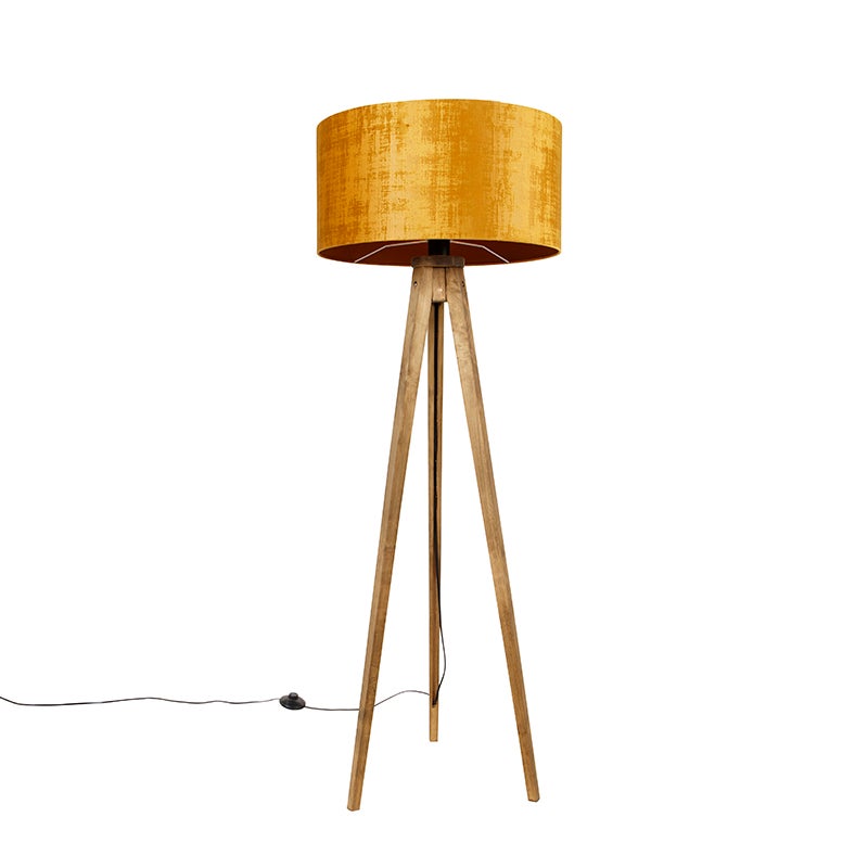 QAZQA - Landhuis I Vintage Rustieke Statieflamp Vintage Hout met Goud I Messing Kap 50 cm - Statief I Driepotige Lamp I Klassiek Statief I Woonkamer I Slaapkamer - Rond - LED Geschikt E27