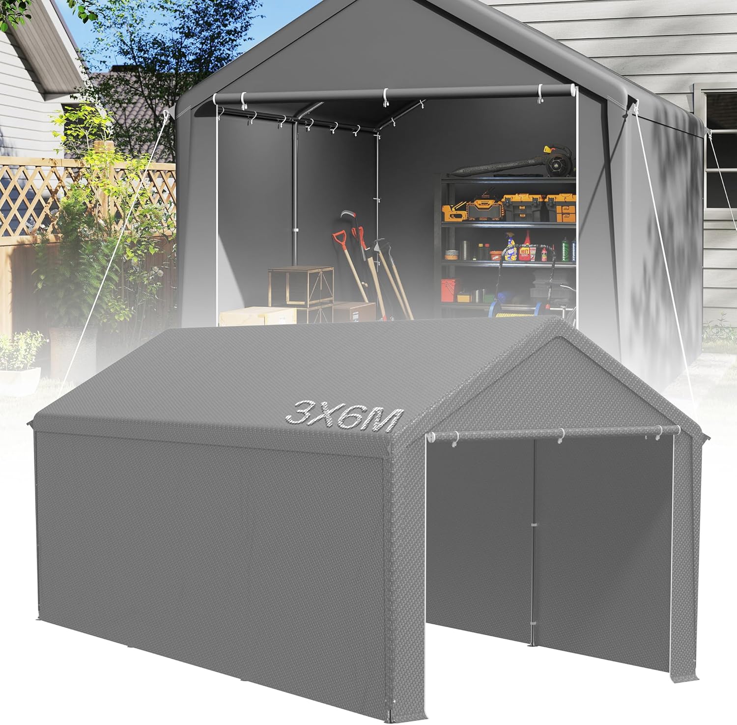 Lagerzelt 3x6 m mit PE-Dach Industriezelt PVC Wasserdichter Reißenresistenter Carport Garagenzelt für Auto, SUV, LKW, Boot&Mobile Lagerung-Grau