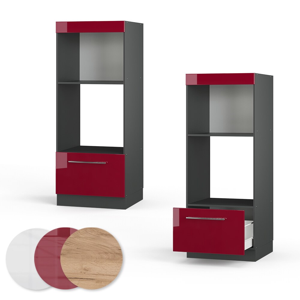 Vicco Mikrowellenumbauschrank Küchenschrank Küchenmöbel Fame-Line Anthrazit Bordeaux Rot 60 cm modern Hochglanz Küche Einbauküche Blende Hochschrank Schublade Mikrowelle Backofen Küchenzeile