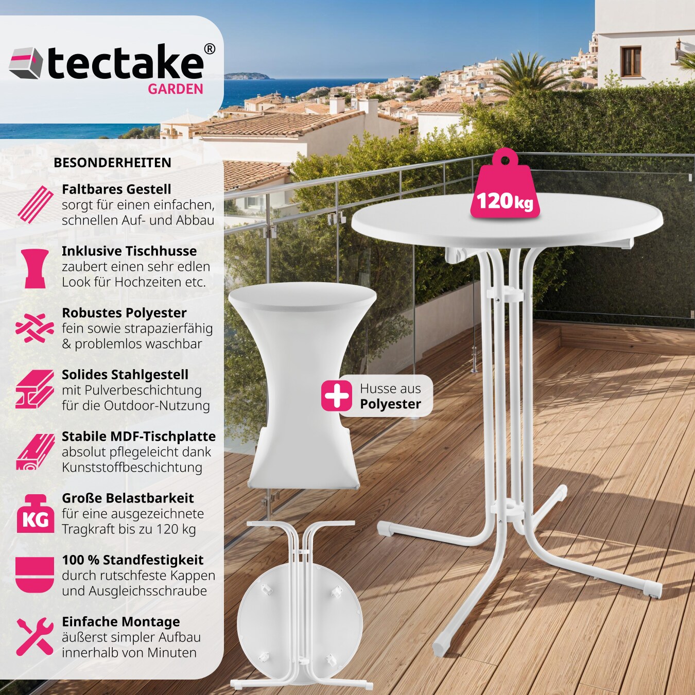 tectake® Stehtisch, rund mit Tischhusse, standfest und pflegeleicht, 90 x 110 cm