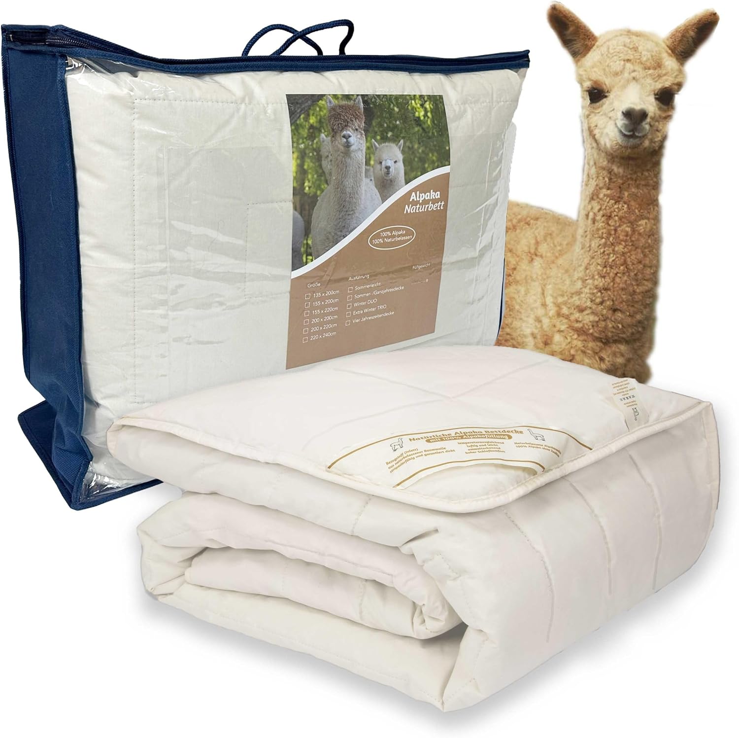 Alpaka Bettdecke Basic Line Sommer leicht, 155x220cm, Füllung 100% Alpakawolle (900g), Bezug aus naturbelassener Baumwolle