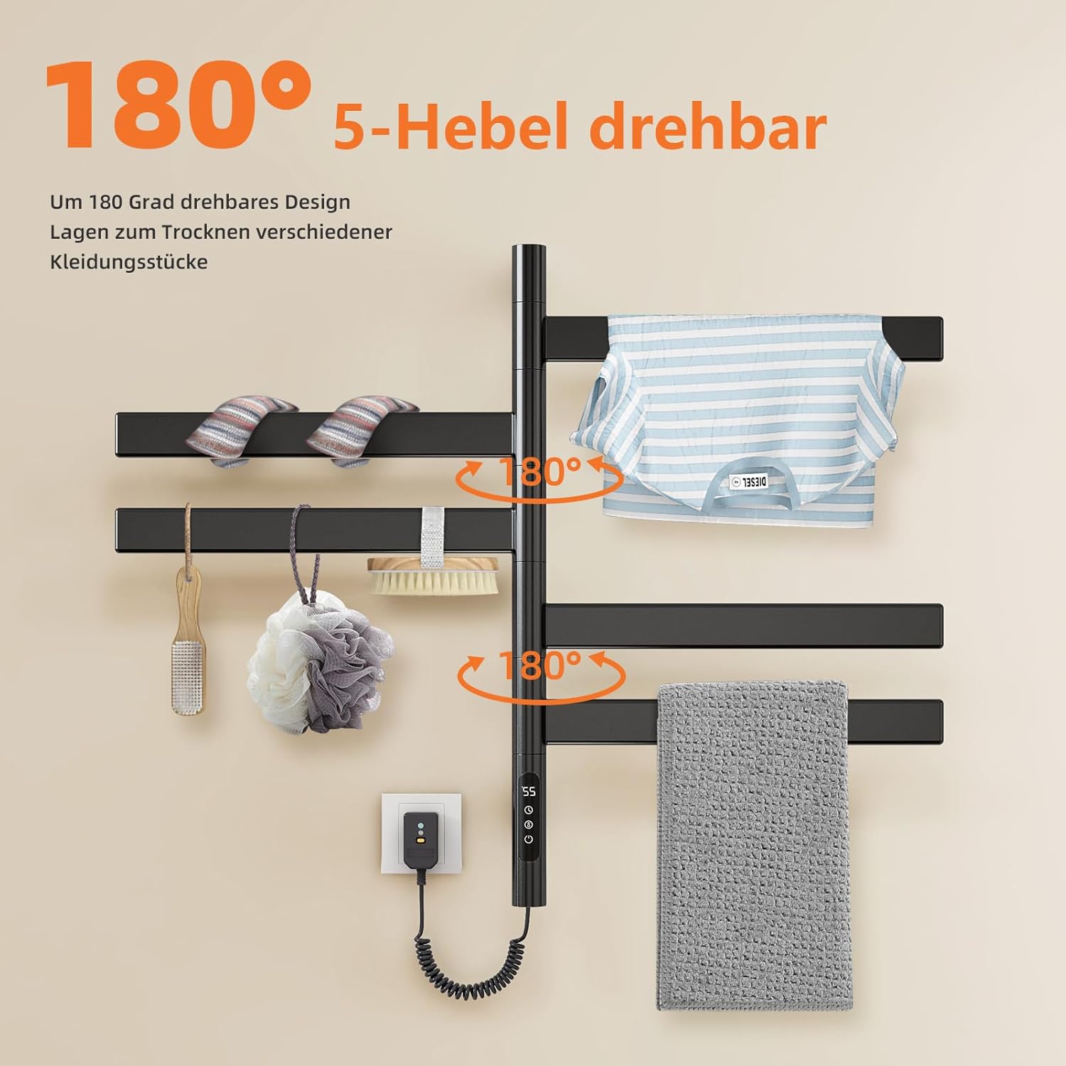 ZOYI 180°Drehung Heizkörper Bad Badheizkörper elektrisch, Elektrischer Handtuchtrockner, Handtuchheizkörper elektrisch, Handtuchwärmer elektrisch, Handtuchhalter elektrisch,220v,140w,Schwarz