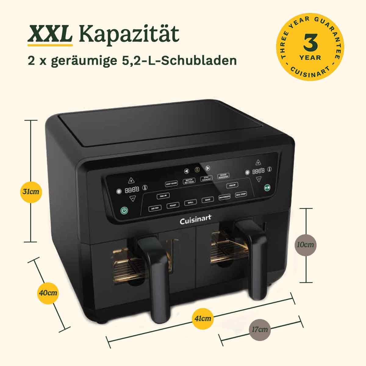 Cuisinart XXL Zweizonen-Heißluftfritteuse| PFAS Frei | Chemiekalien frei,| Braten, Grillen, Backen, Dehydrieren und Warmhalten | 2 kammern| 2 x 5.2L - 8+ portionen| Spülmaschinenfeste Teile, Schwarz