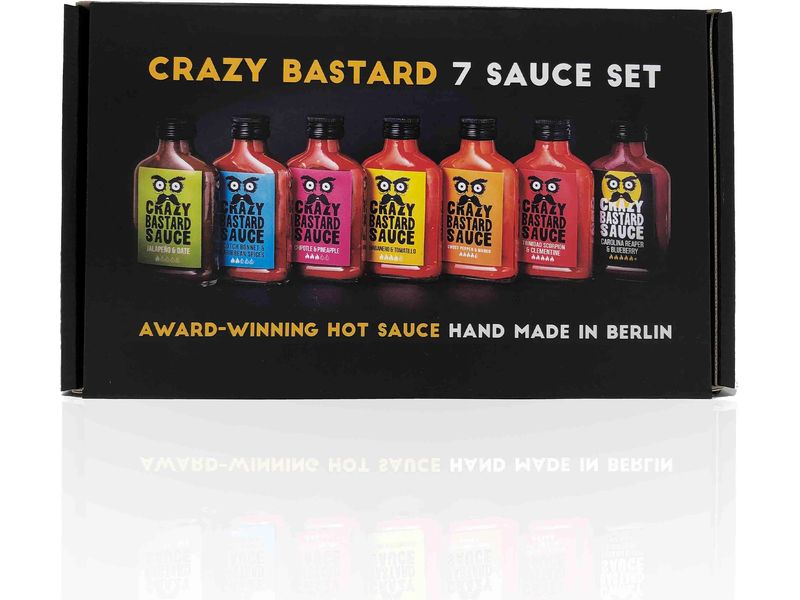 Crazy Bastard Sauce Sauce Set 7 x 100 ml Sieben scharfe Chilisaucen von medium scharf bis sehr scharf